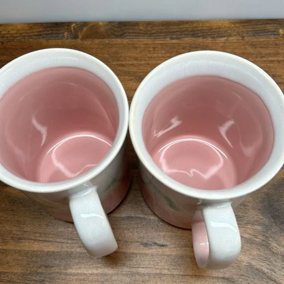 Vintage 80’s Stoneware Mugs Set Of Two Pink Mint Green & Cream In Colour - Picture 4 of 11